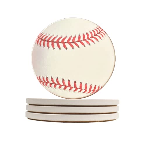 Baseball Coasters Pack of 4, Ceramic Absorbing Non-Slip Beverage Coaster for Drinks with Cork Backing.
