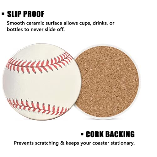 Baseball Coasters Pack of 4, Ceramic Absorbing Non-Slip Beverage Coaster for Drinks with Cork Backing.