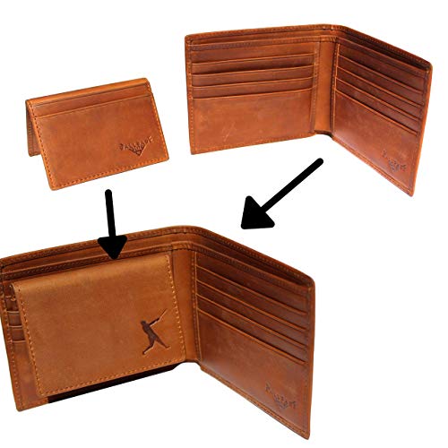 Baseball Wallet Genuine Leather Bifold RFID Blocking, 2 in 1