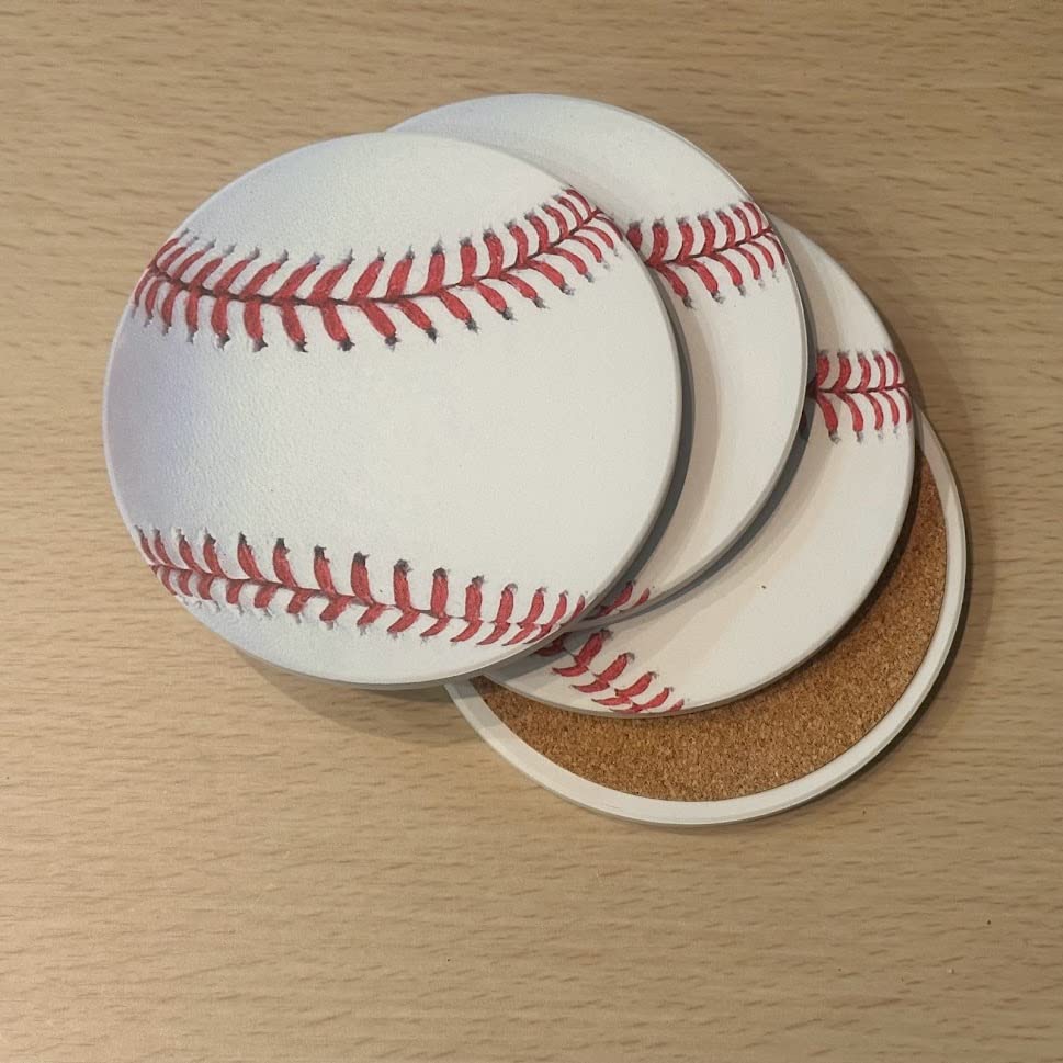 Baseball Coasters Pack of 4, Ceramic Absorbing Non-Slip Beverage Coaster for Drinks with Cork Backing.